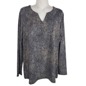 Susan Graver Womens Printed Liquid Knit Split-Neck Top Smoke Geometric Small